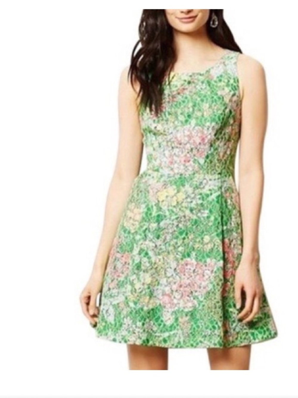 Anthropologie floral lace fit-and-flare dress in green with pink and yellow
